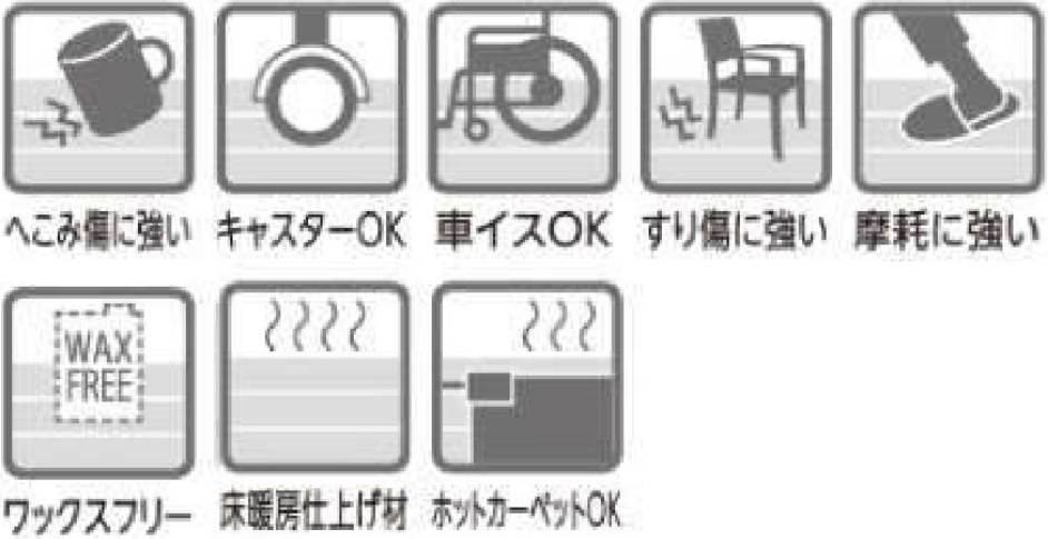 へこみ傷に強い キャスターOK 車いすOK 擦り傷に強い 摩耗に強い ワックスフリー 床暖房仕上げ材 ホットカーペットOK